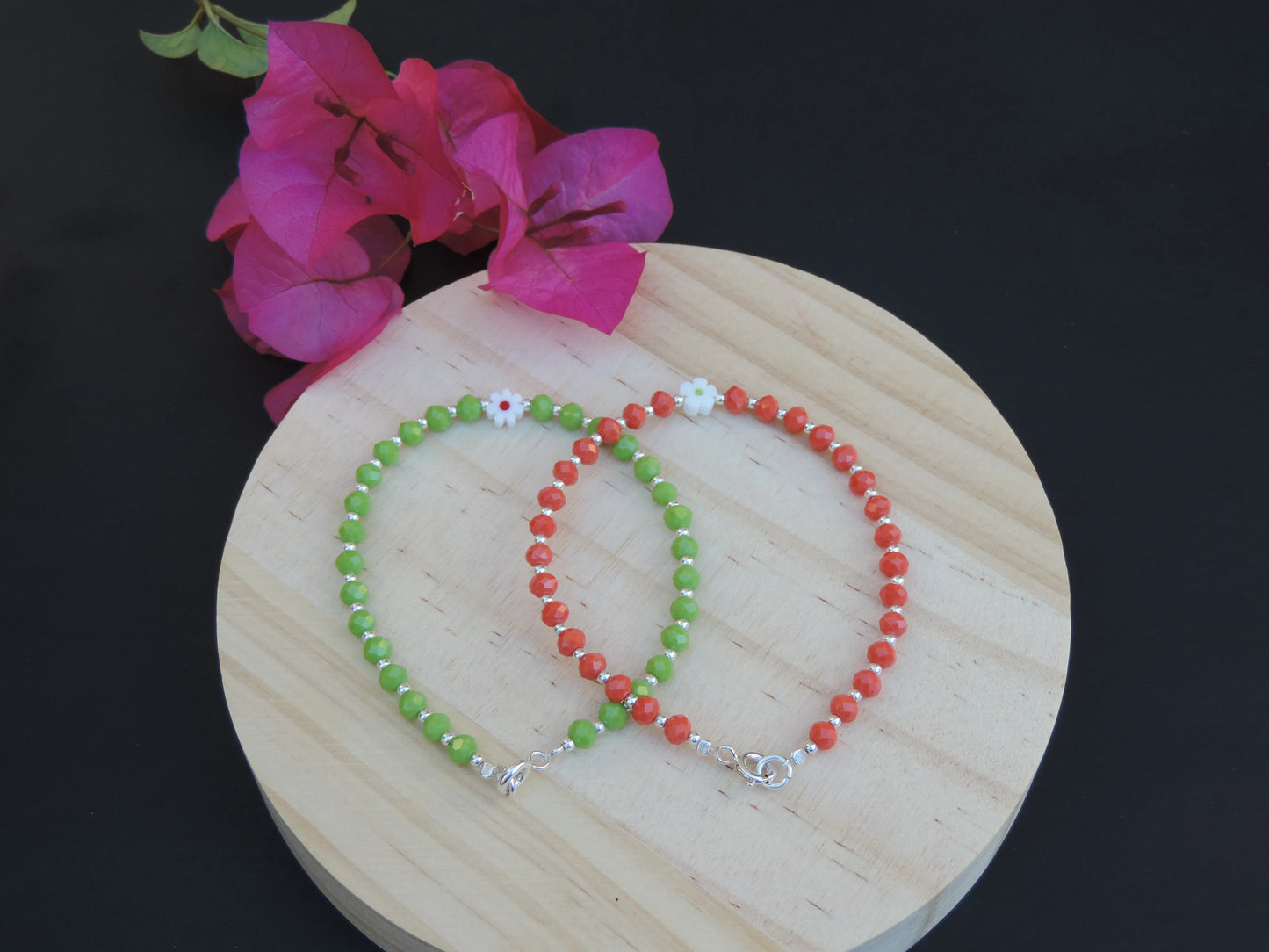 Green/Orange Floral Crystal Bracelet (925 Silver)
