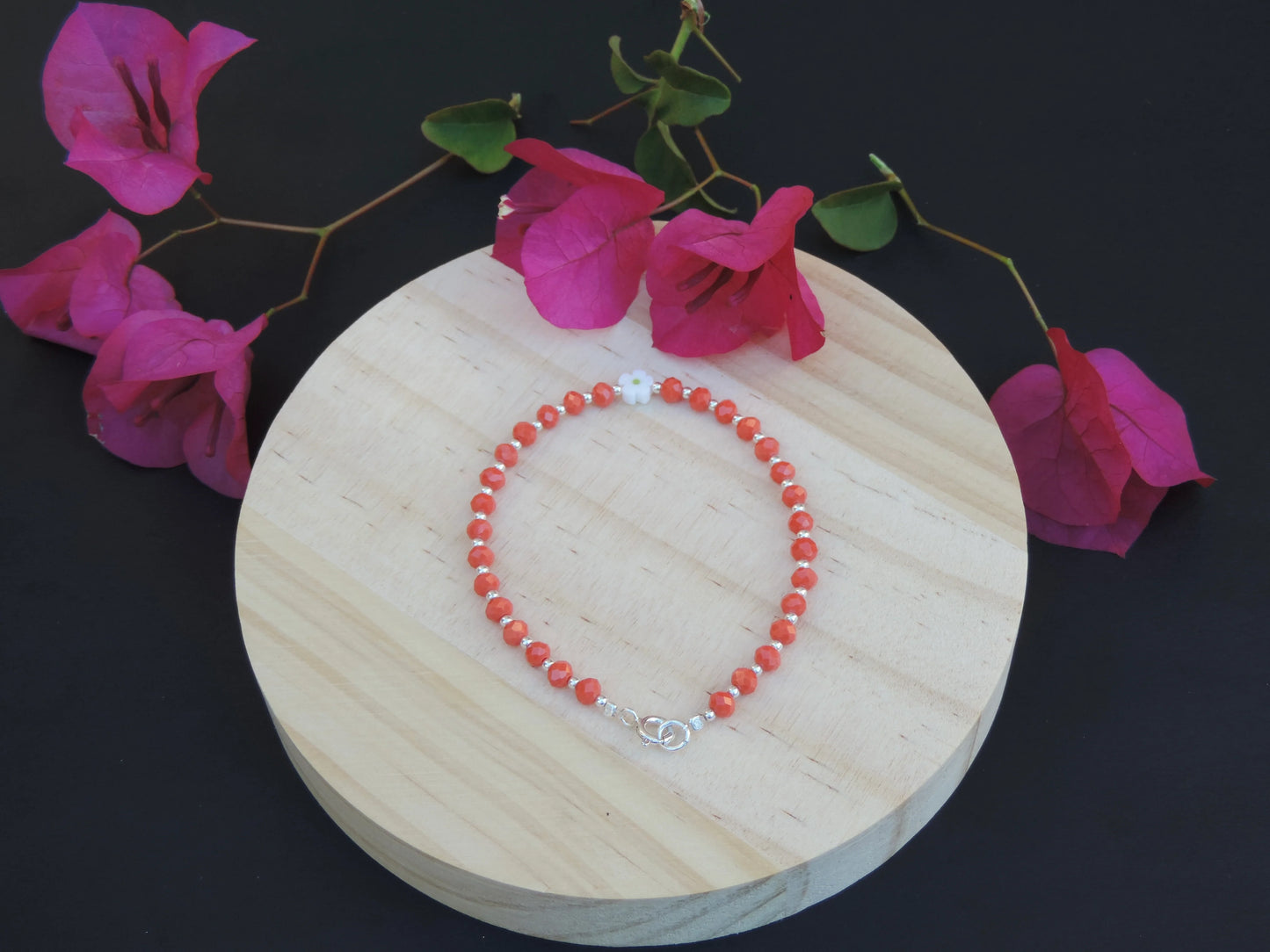 Green/Orange Floral Crystal Bracelet (925 Silver)