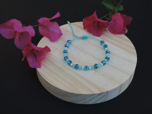 Teal/Purple Evil Eye Crystal Bracelet (925 Silver)